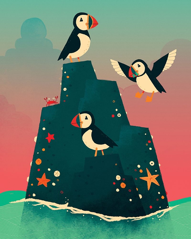 Puffin Rock Poster Print by Michael Buxton - Whimsical Art