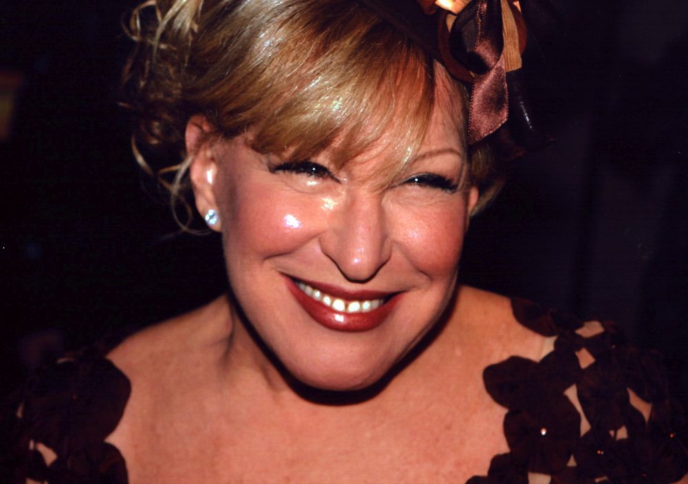 Bette Midler close-up photo print in lace top with bow.