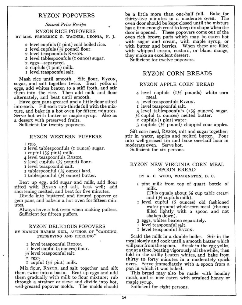 Ryzon Baking Book 1917 Rice Popovers Recipe Poster Print