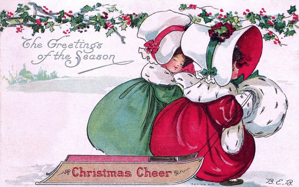 Girls with Sled Christmas Card Poster Print, festive winter decor