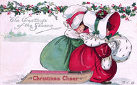 Girls with Sled Christmas Card Poster Print, festive winter decor