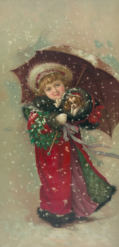 Gray Lith Co. Girl with Dog in Snow vintage poster print.