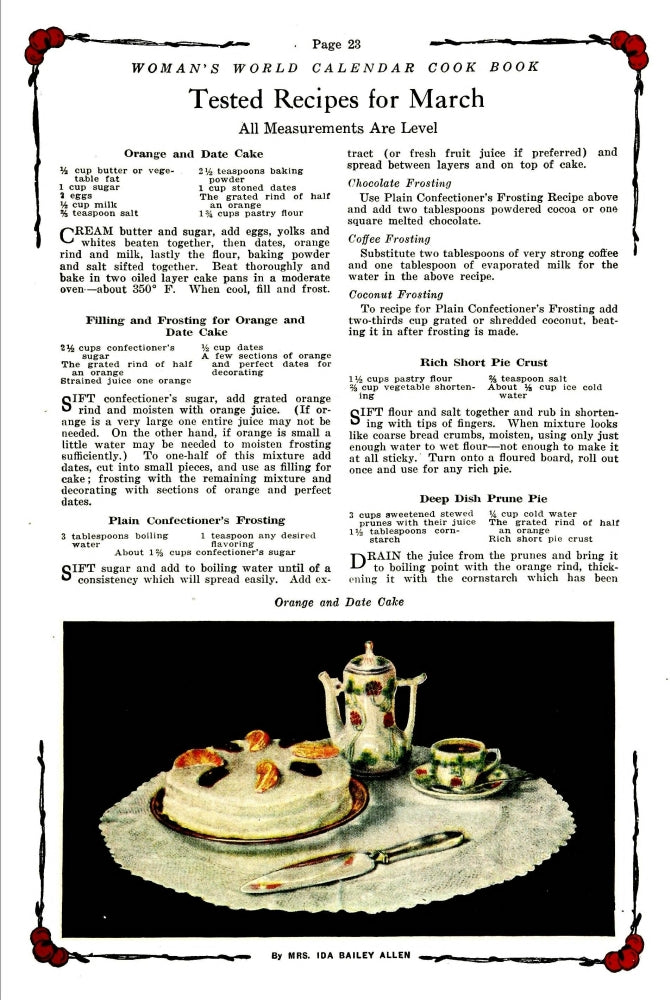 Vintage Woman's World Calendar Cookbook 1922 Orange & Date Cake Poster Print