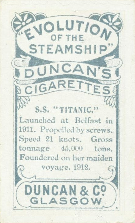 Cigarette Card Duncan's Cigarettes Titanic Back Poster Print, vintage maritime art.