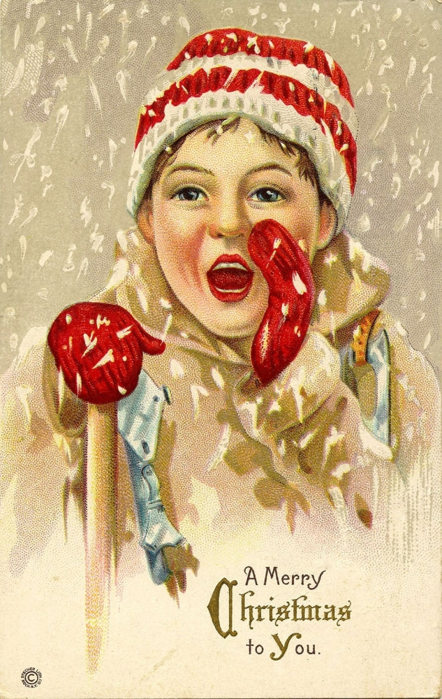 Boy in Snow Christmas Card Poster Print, depicting a child in a snowy landscape.