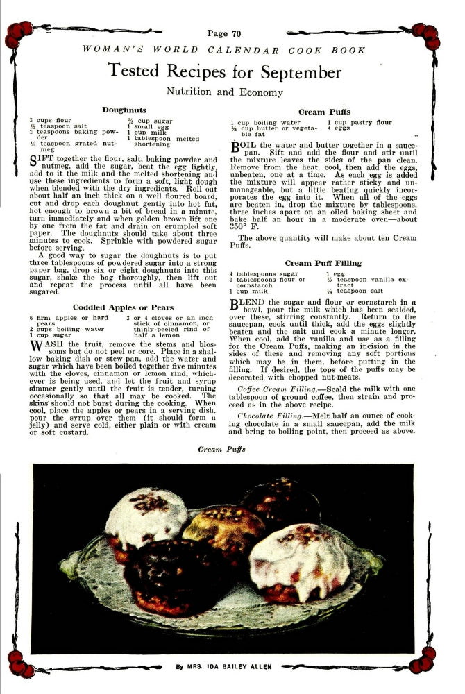 Woman's World Calendar Cookbook 1922 Cream Puffs Poster Print showcasing vintage culinary art.