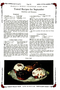 Woman's World Calendar Cookbook 1922 Cream Puffs Poster Print showcasing vintage culinary art.