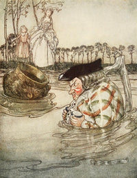 Aesop's Fables The Two Pots Poster Print by Arthur Rackham, depicting a classic fable illustration.