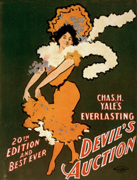 Devil's Auction c.1901 Poster Print by U.S. Lithograph Co. displayed in a living room.