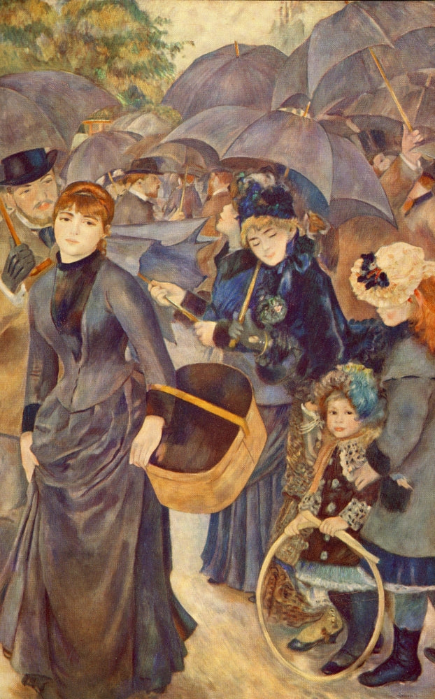 The Umbrellas art print by Pierre-Auguste Renoir featuring colorful umbrellas and elegant figures.