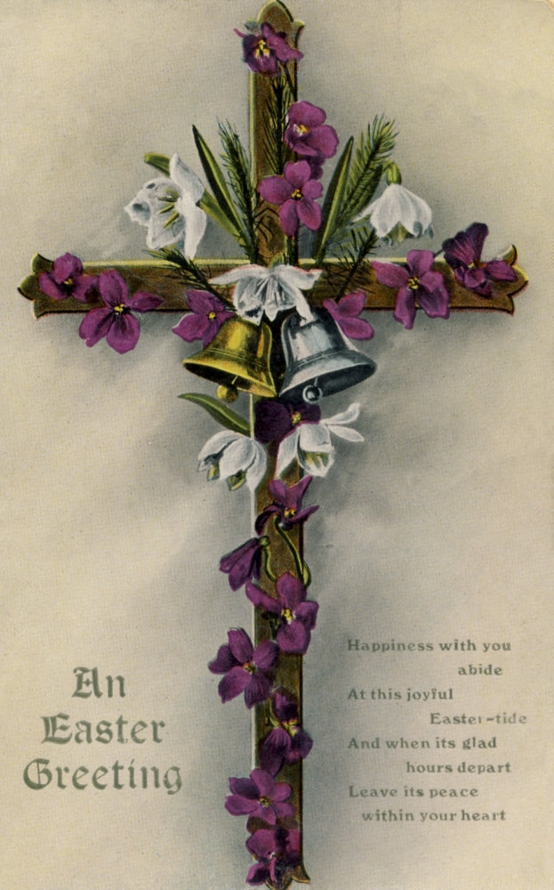 1913 Easter Cross with Flowers and Bells Poster Print