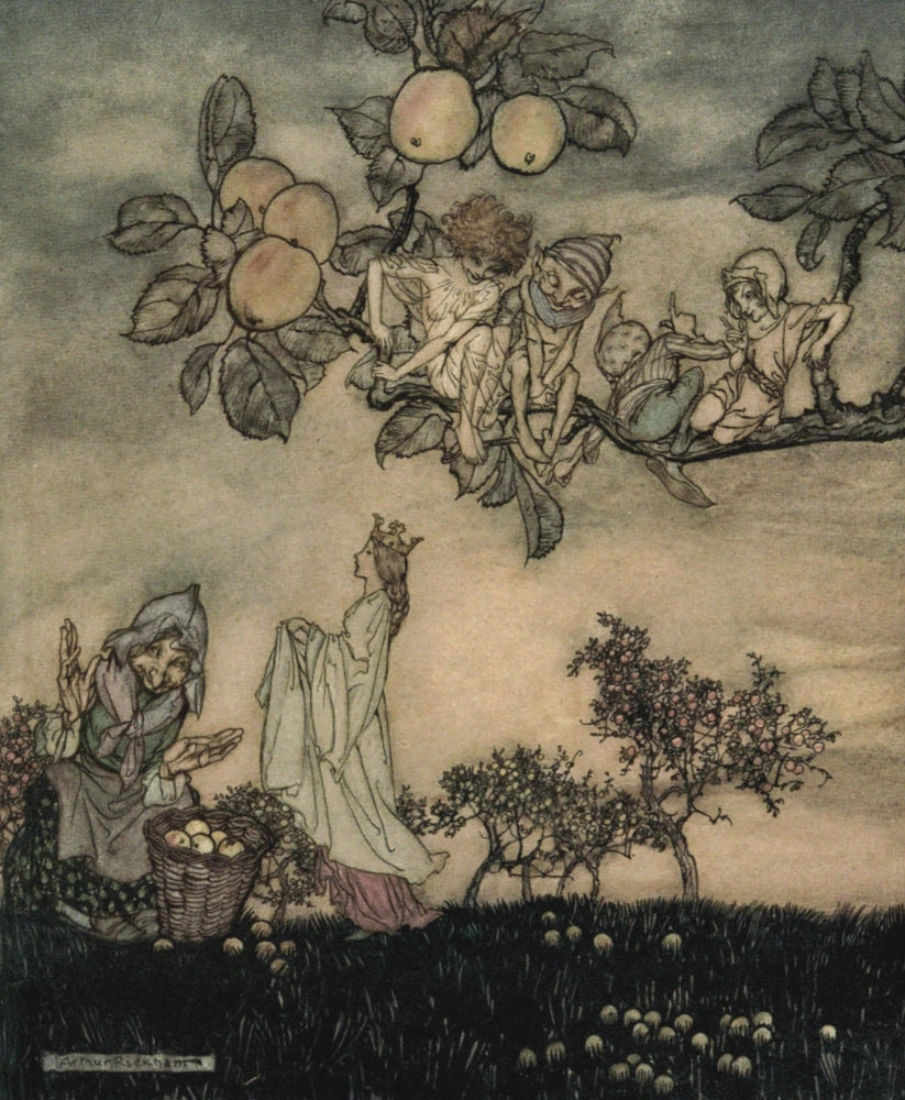 Dish of Apples 1921 art print by A. Rackham showcasing a bowl of apples.