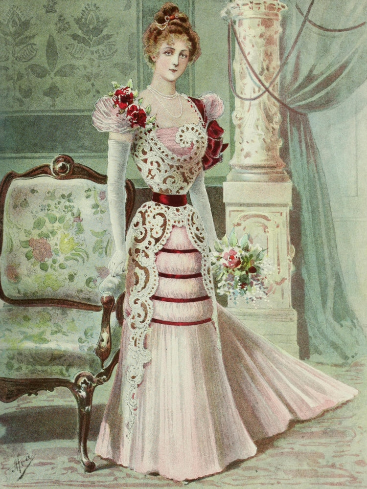 Latest Paris Fashions 1877 Evening Gown Poster Print showcasing vintage fashion elegance.