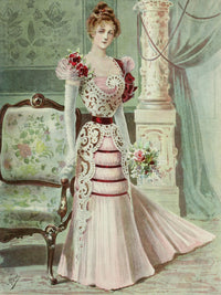 Latest Paris Fashions 1877 Evening Gown Poster Print showcasing vintage fashion elegance.