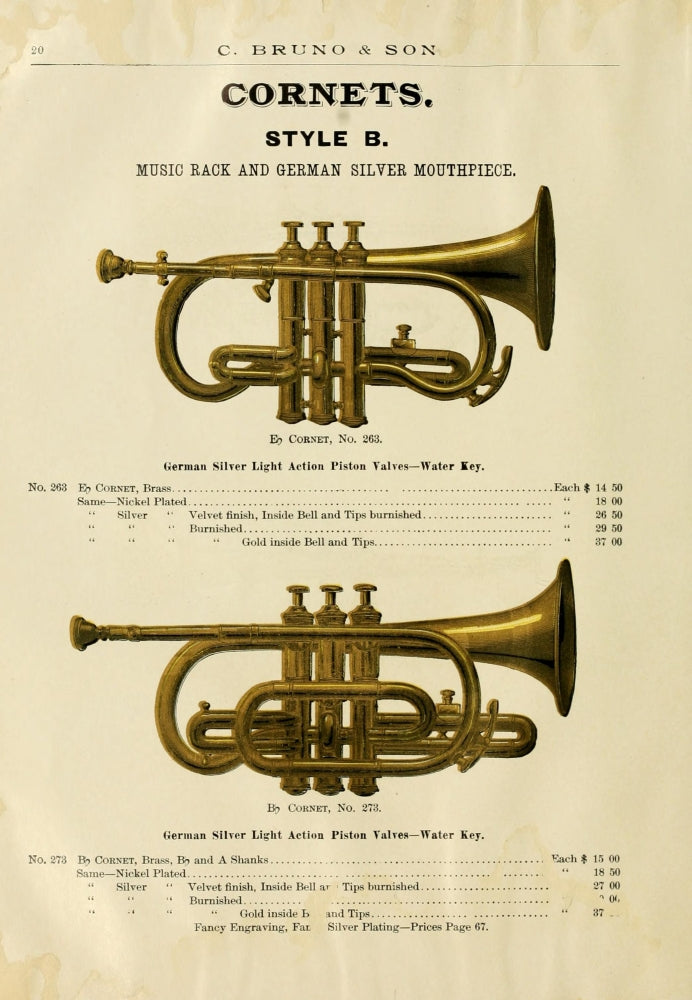 Catalogue C. Bruno & Son Cornets Poster Print c.1890 showcasing vintage musical instruments.