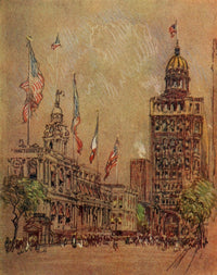 City Hall & World Building Poster Print by Joseph Pennell, vintage New York architecture artwork.