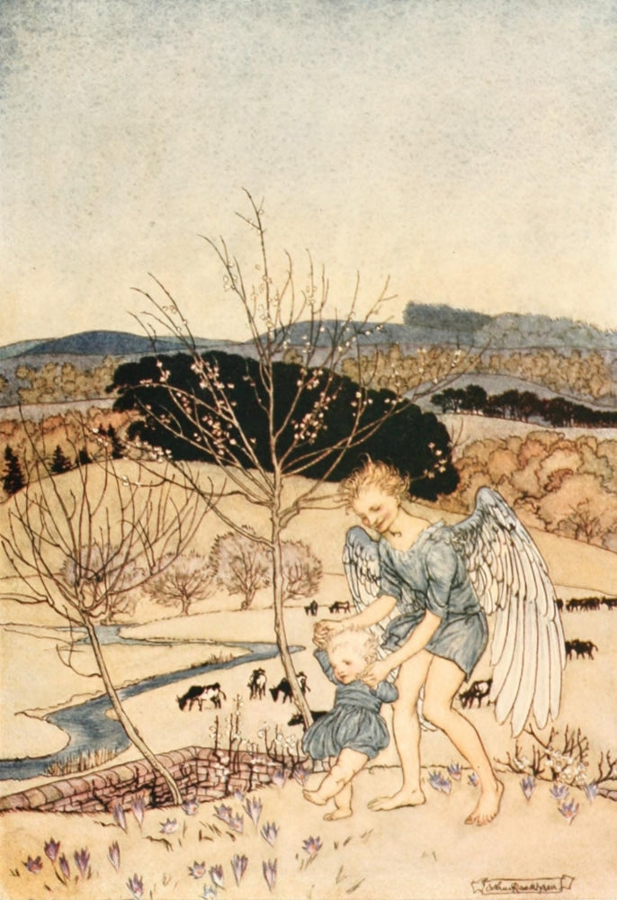 Springtide of Life 1918 Poster Print by Arthur Rackham, whimsical illustration of children playing.