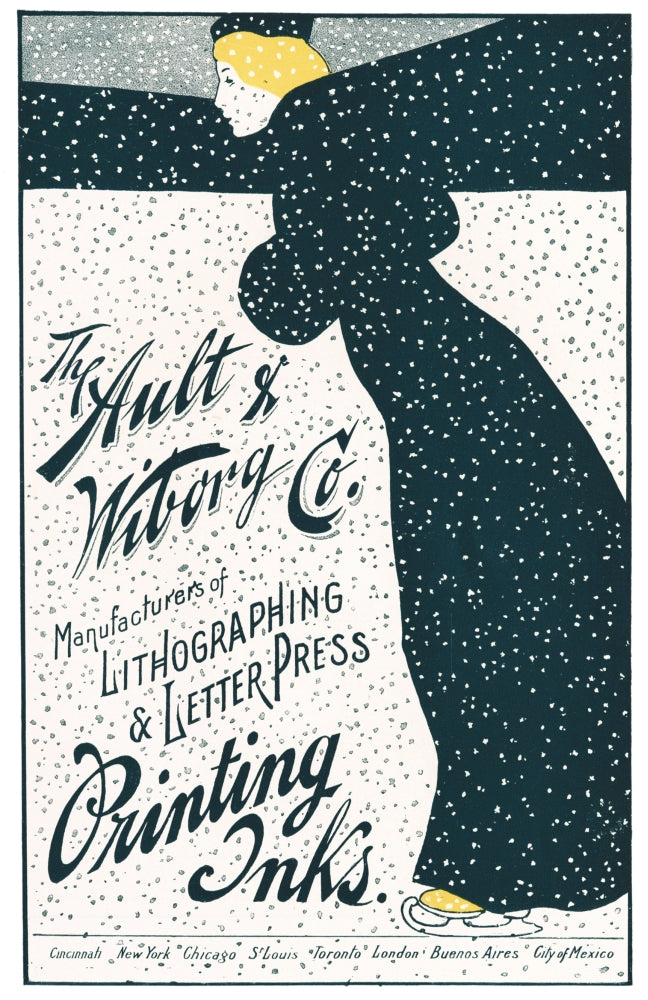 The Ault & Wiborg Co. Lady in Snow Poster Print featuring a serene landscape.