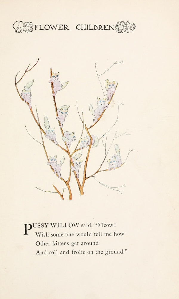 Flower Children 1910 Pussy Willow Poster Print by M.T. Ross showcasing whimsical flower children.