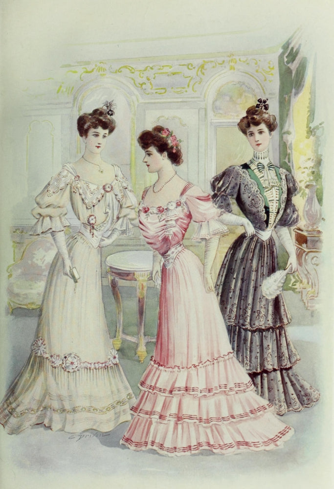Latest Paris Fashions 1877 Toilettes de Soiree Poster Print showcasing elegant evening gowns.