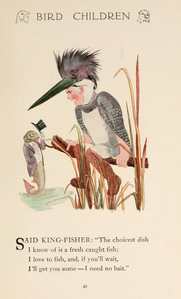 Bird Children 1912 Kingfisher Poster Print by M.T. Ross, showcasing vibrant colors and intricate details.