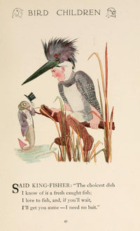 Bird Children 1912 Kingfisher Poster Print by M.T. Ross, showcasing vibrant colors and intricate details.