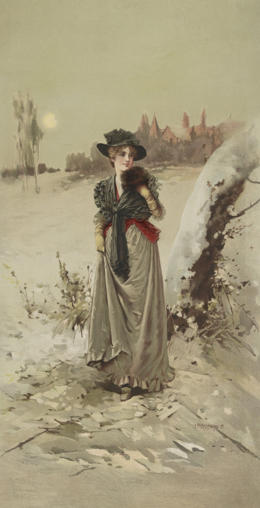 The Winter Girl poster print by Percy Moran in a snowy landscape.