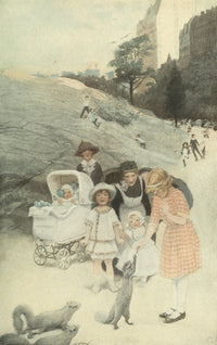 Feeding the Squirrels in Central Park Poster Print by Sarah S. Stilwell, depicting a charming scene of squirrels in Central Park.