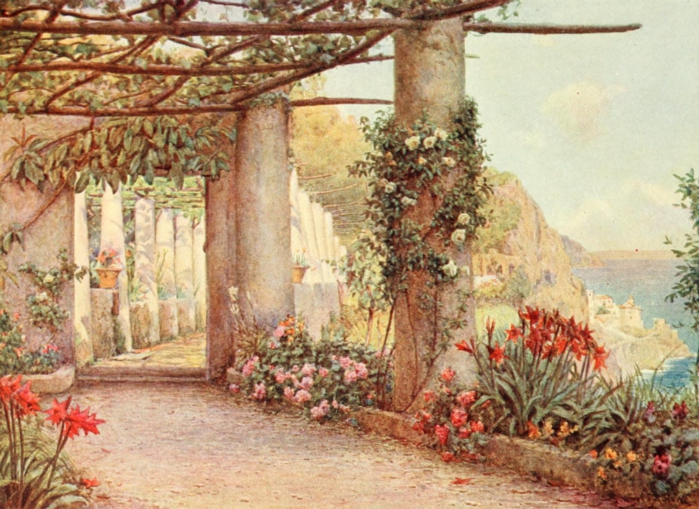 The Cappuccino Amalfi Poster Print by Ernest A. Rowe showcasing a serene café scene.