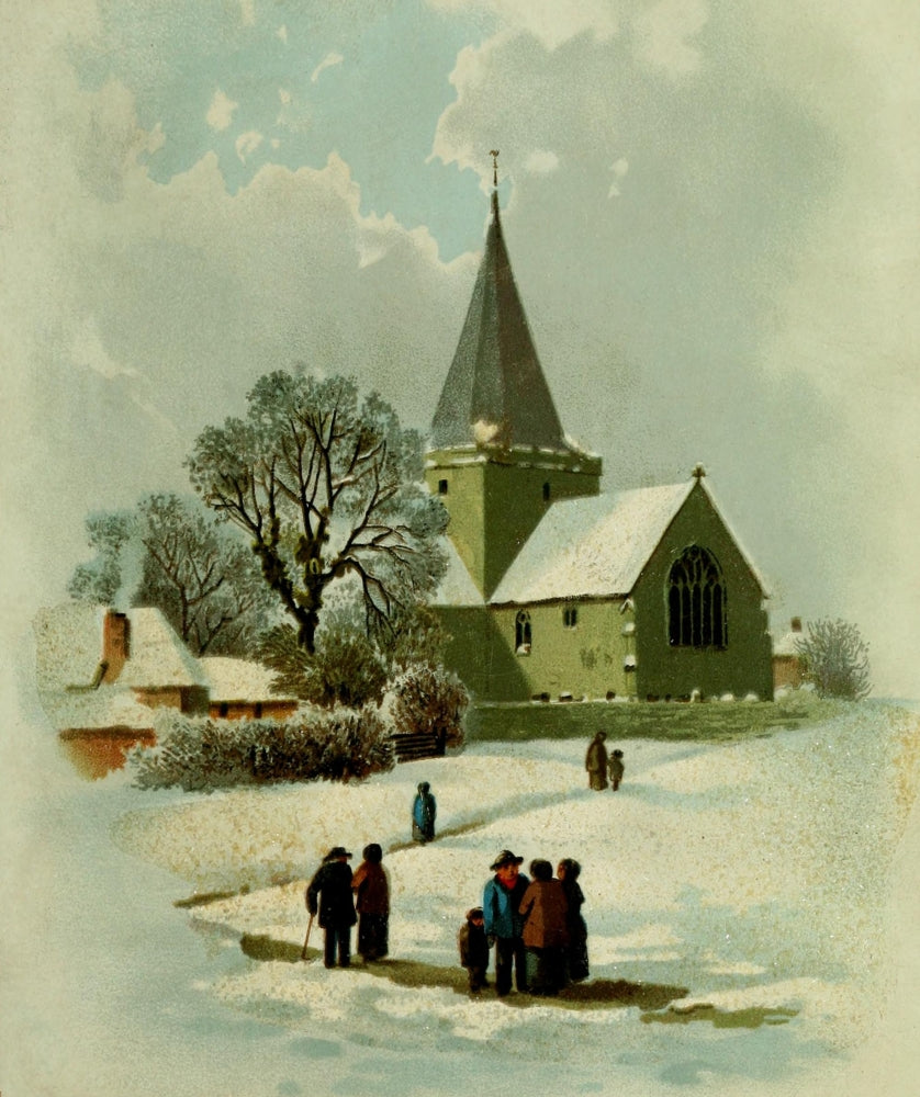 Mother & Son 1888 Snowy Church Scene Poster Print featuring a serene winter landscape.