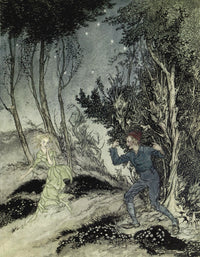 Peer Gynt 1936 Poster Print by A. Rackham, depicting Peer following a woman in green.