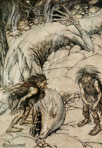 Siegfried Dwarfs Quarreling Poster Print by Arthur Rackham, vibrant illustration of dwarfs quarreling.