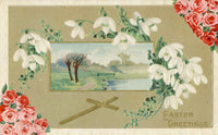 1911 Easter Greetings Postcard Art Print with cross and flowers