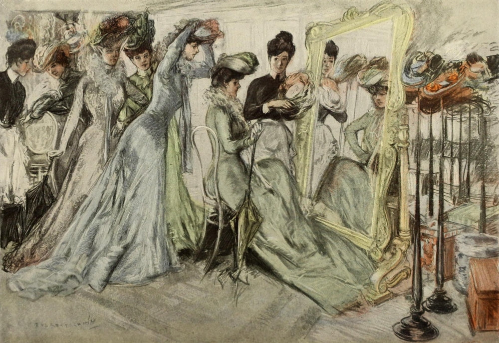Scribner's 31 (1902) Trying on Hats Poster Print by Everett Shinn.
