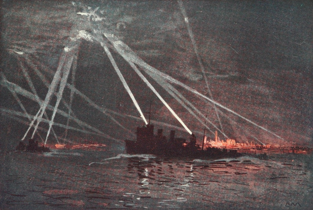 Naval Front 1920 Destroyers Engaging a Zeppelin in Tyne Poster Print by Donald Maxwell