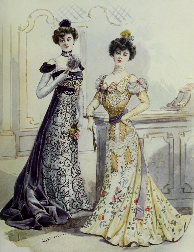 Latest Paris Fashions 1877 Robes de Soiree Poster Print featuring elegant vintage gowns.