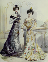 Latest Paris Fashions 1877 Robes de Soiree Poster Print featuring elegant vintage gowns.