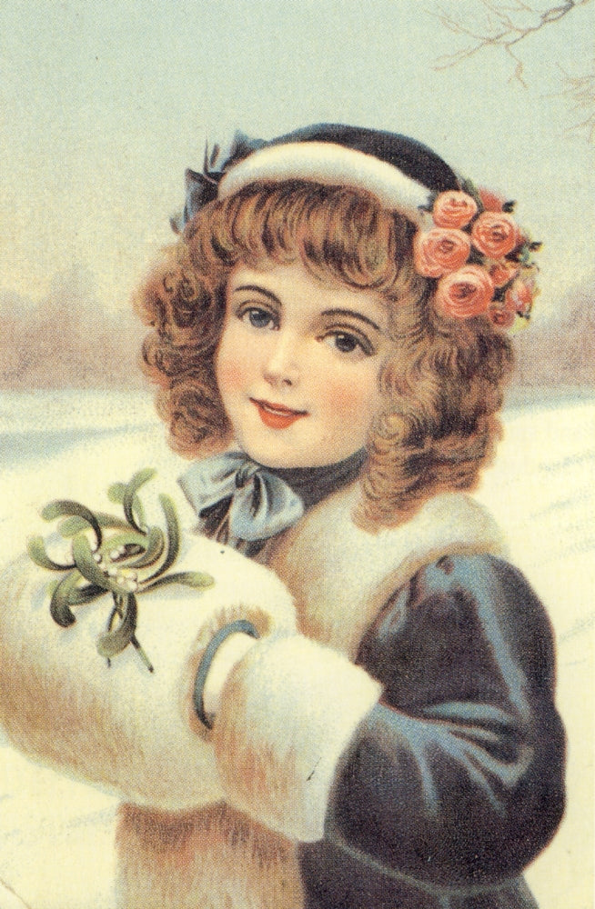 Girl with Muff & Mistletoe c. 1880 poster print showcasing a young girl with mistletoe.