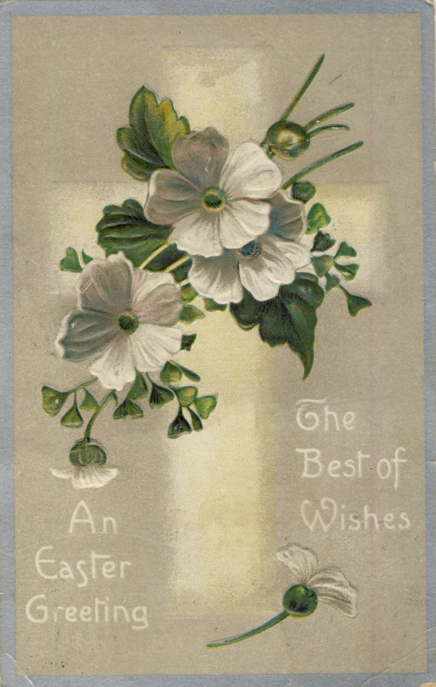 1910 Easter Greetings Poster Print with Cross and Flowers