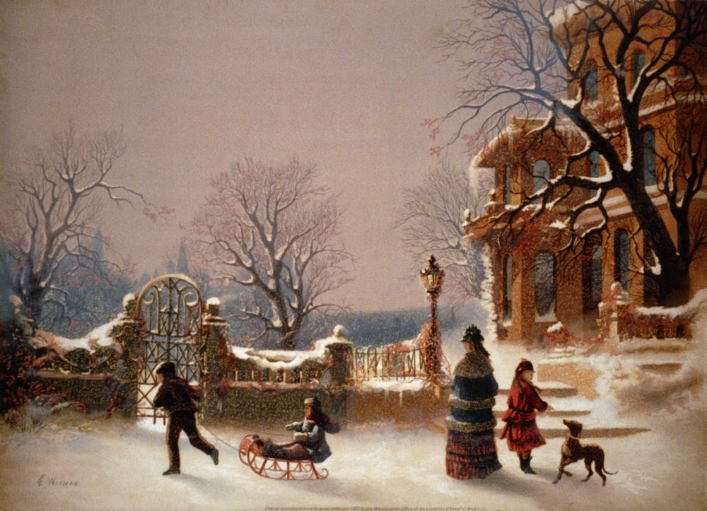 The First Snow fine art print by F.C. Witman depicting a serene winter landscape.