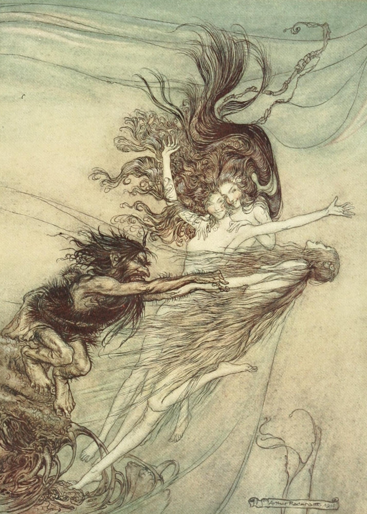 Rhinegold & the Valkyrie poster print by A. Rackham featuring Rhine-maidens teasing Alberich.
