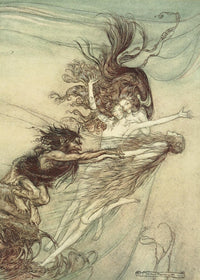 Rhinegold & the Valkyrie poster print by A. Rackham featuring Rhine-maidens teasing Alberich.