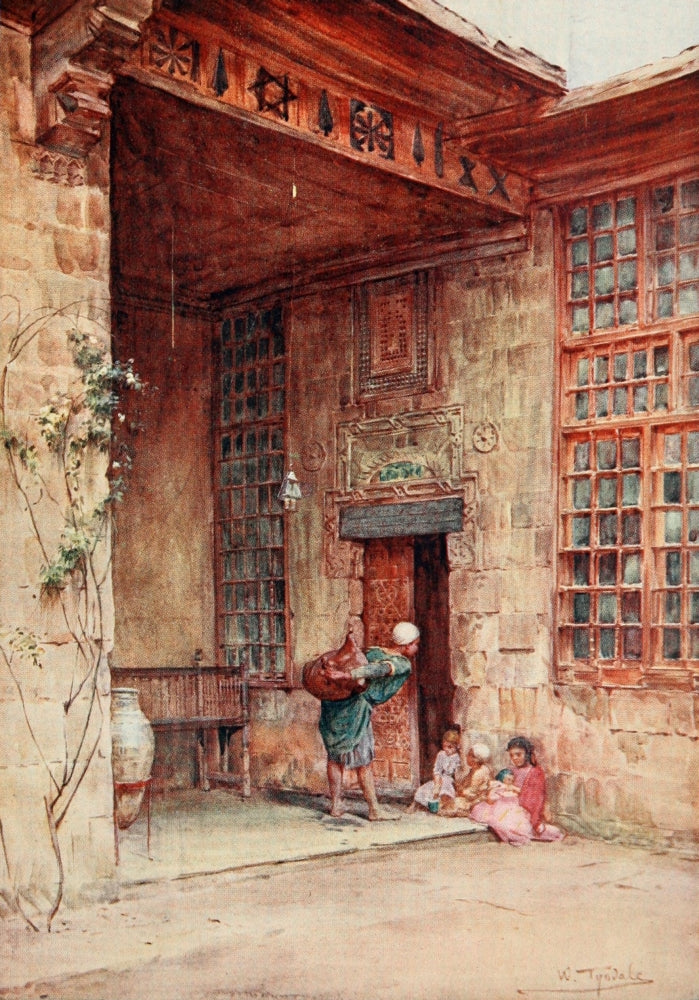 Below the Cataracts 1907 poster print by Walter Tyndale, depicting a Cairene house courtyard.