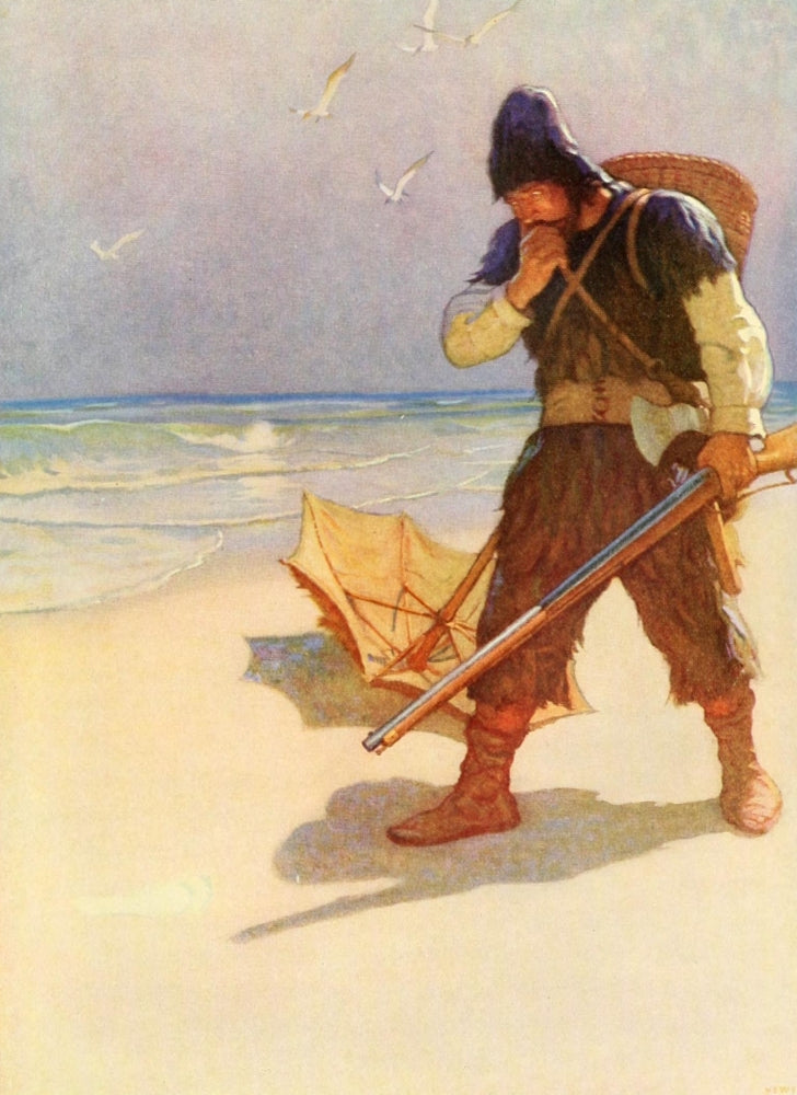 Robinson Crusoe Thunderstruck Poster Print by Newell C. Wyeth, featuring dramatic artwork from the classic tale.