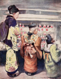 Japan 1901 Sugar-Water Stall Poster Print by Mortimer Menpes, showcasing a traditional Japanese street scene.