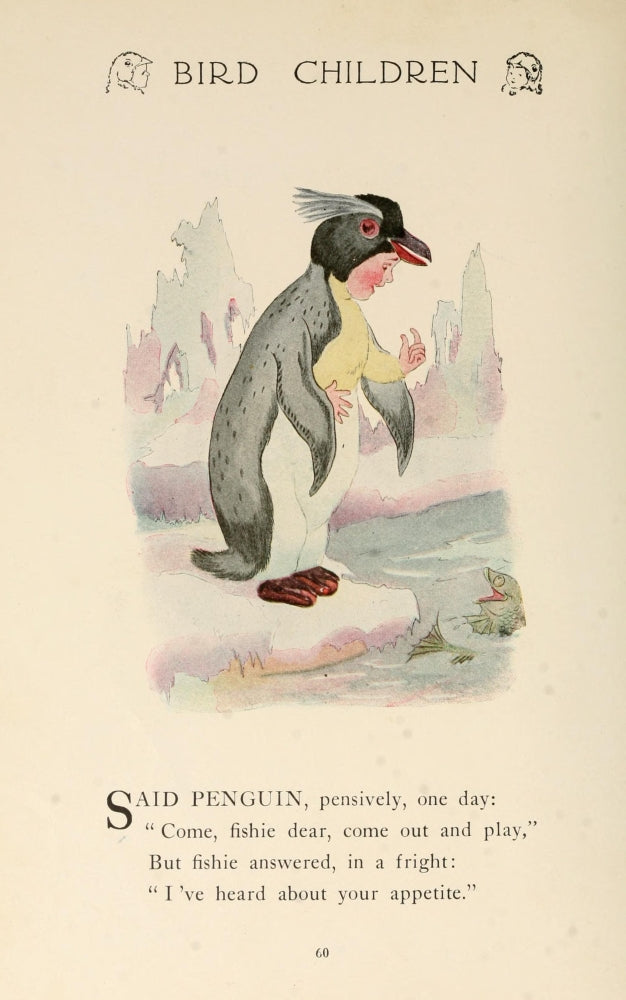 Bird Children 1912 Penguin Poster Print by M.T. Ross showing playful penguins