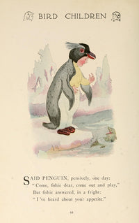 Bird Children 1912 Penguin Poster Print by M.T. Ross showing playful penguins