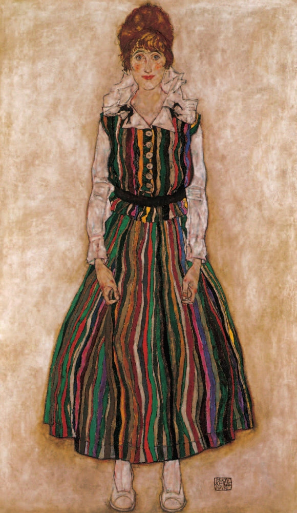 Edith Schieler in Striped Dress Art Print by Egon Schiele