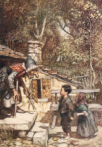 Hansel & Grethel Poster Print by Arthur Rackham, 1920 artwork, enchanting fairy tale illustration.