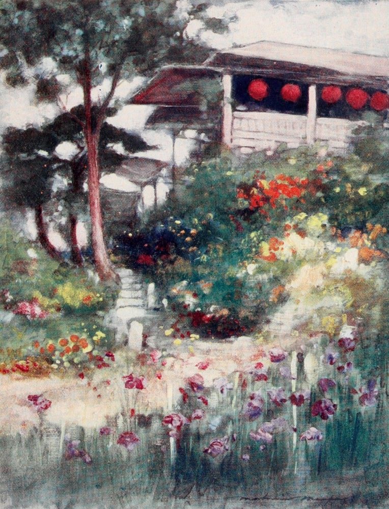 Japan 1901 An Iris Garden Poster Print by Mortimer Menpes showcasing vibrant irises in a serene garden.